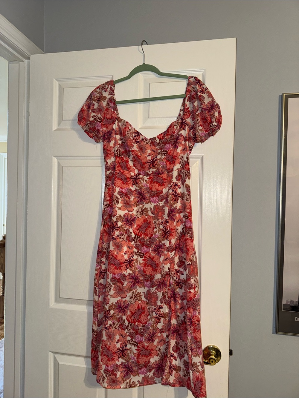 Hello Molly Red and Pink Floral Puff-Sleeve Midi Dress